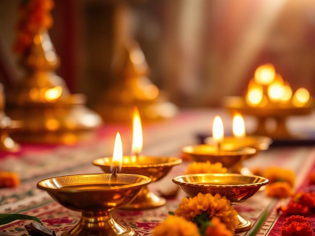 Brass diya lamps and marigolds