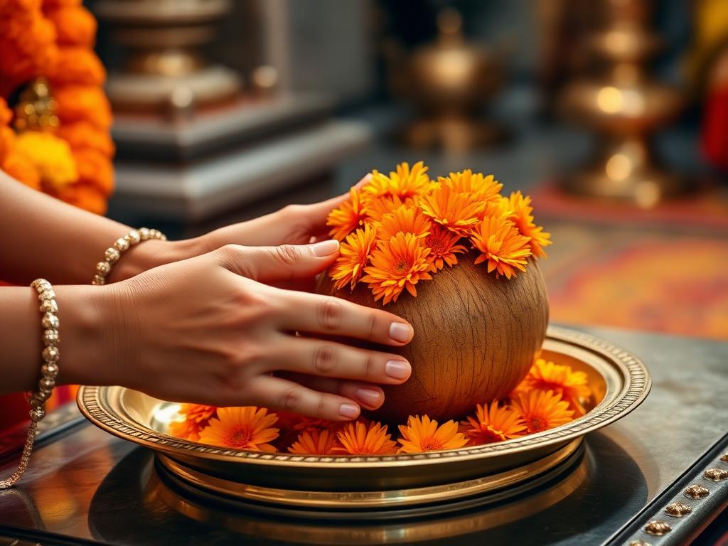Marigolds and coconut offered on a brass tray